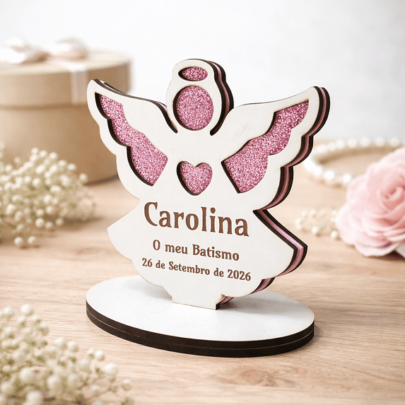 Lembrança de Batismo, Primeira Comunhão, Crisma em forma de Anjo da Guarda, fundo em Glitter 3