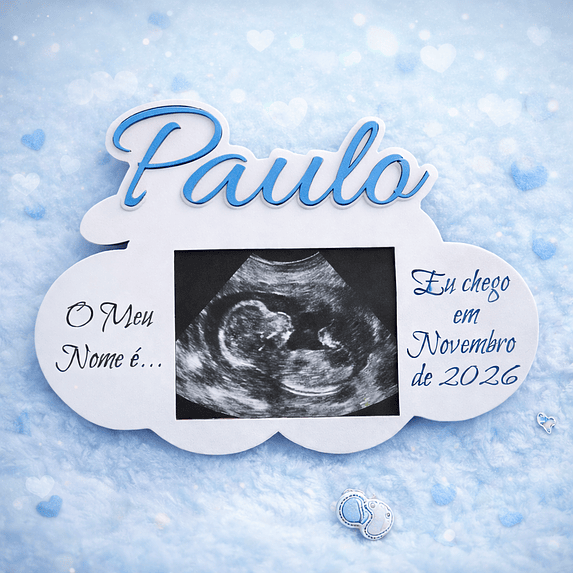 Lembrança de Anúncio de Gravidez, personalizada com íman em MDF Branco com suporte para ecografia 2