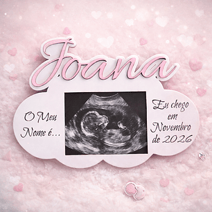 Lembrança de Anúncio de Gravidez, personalizada com íman em MDF Branco com suporte para ecografia