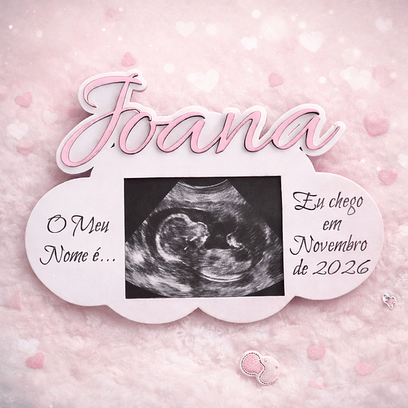 Lembrança de Anúncio de Gravidez, personalizada com íman em MDF Branco com suporte para ecografia 1