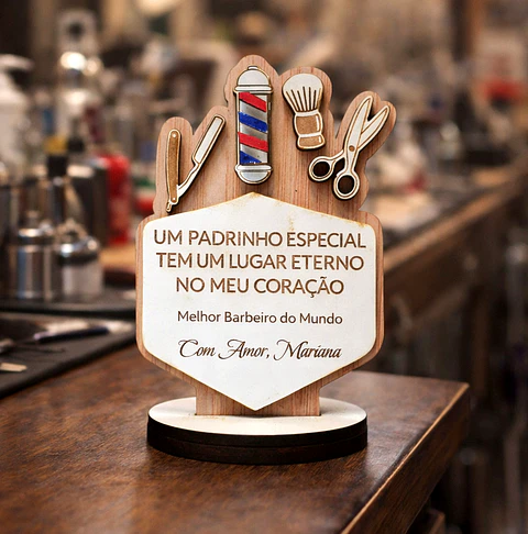 Lembrança Personalizada Para um Padrinho Barbeiro - Presente para Padrinho Barbeiro em MDF      