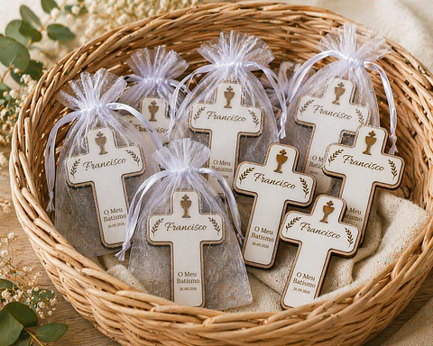 Lembrança Religiosa Personalizada com Íman – Batismo, Primeira Comunhão, Crisma e Profissão de Fé Cruz com Cálice Dourado em MDF