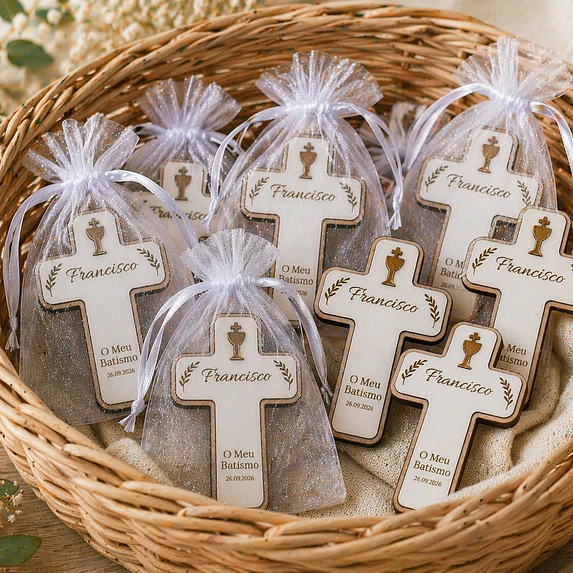 Lembrança Religiosa Personalizada com Íman – Batismo, Primeira Comunhão, Crisma e Profissão de Fé Cruz com Cálice Dourado em MDF 2