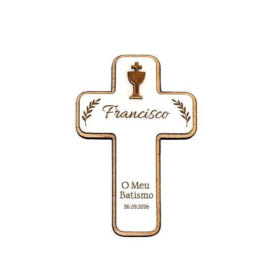 Lembrança Religiosa Personalizada com Íman – Batismo, Primeira Comunhão, Crisma e Profissão de Fé Cruz com Cálice Dourado em MDF 6