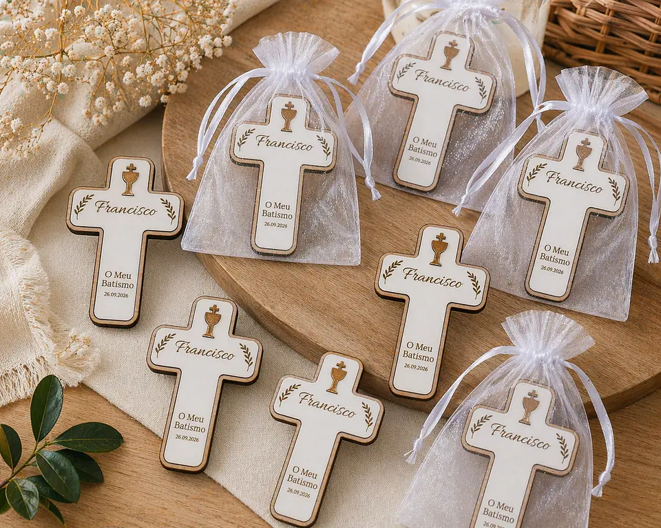 Lembrança Religiosa Personalizada com Íman – Batismo, Primeira Comunhão, Crisma e Profissão de Fé Cruz com Cálice Dourado em MDF 3