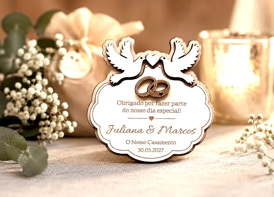 Lembrança de Casamento com Alianças Douradas Personalizada em Madeira e MDF Branco 4