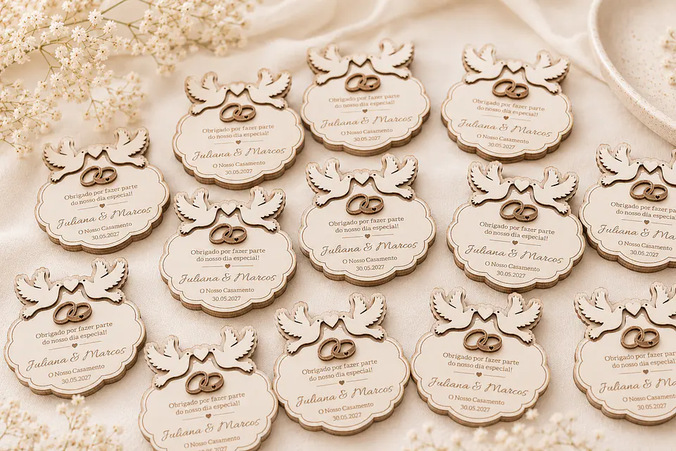 Lembrança de Casamento com Alianças Douradas Personalizada em Madeira e MDF Branco 3