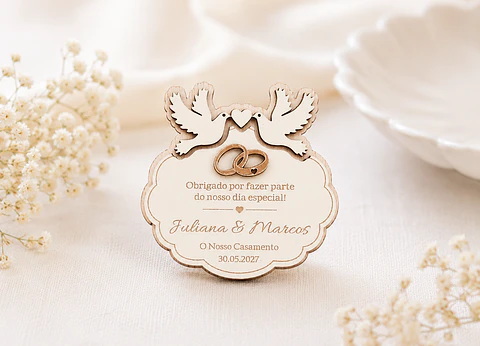 Lembrança de Casamento com Alianças Douradas Personalizada em Madeira e MDF Branco