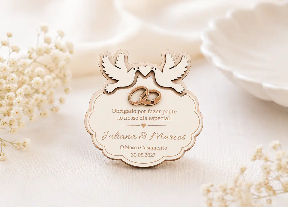 Lembrança de Casamento com Alianças Douradas Personalizada em Madeira e MDF Branco 1