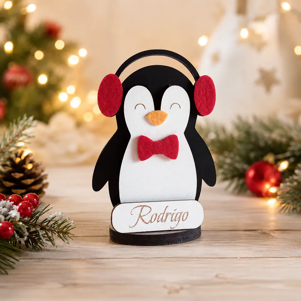 Marcador de Lugar de Natal Personalizado – Pinguim com Nome em MDF e Feltro 3