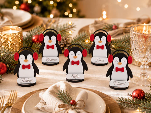 Marcador de Lugar de Natal Personalizado – Pinguim com Nome em MDF e Feltro