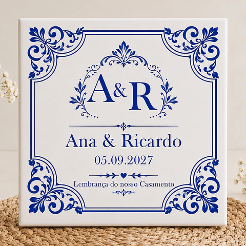 Lembrança de Casamento Personalizado em Azulejo Português com Íman e Saquinho de Organza (opcional)