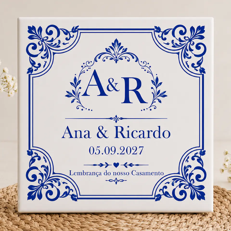 Lembrança de Casamento Personalizado em Azulejo Português com Íman e Saquinho de Organza (opcional) 1