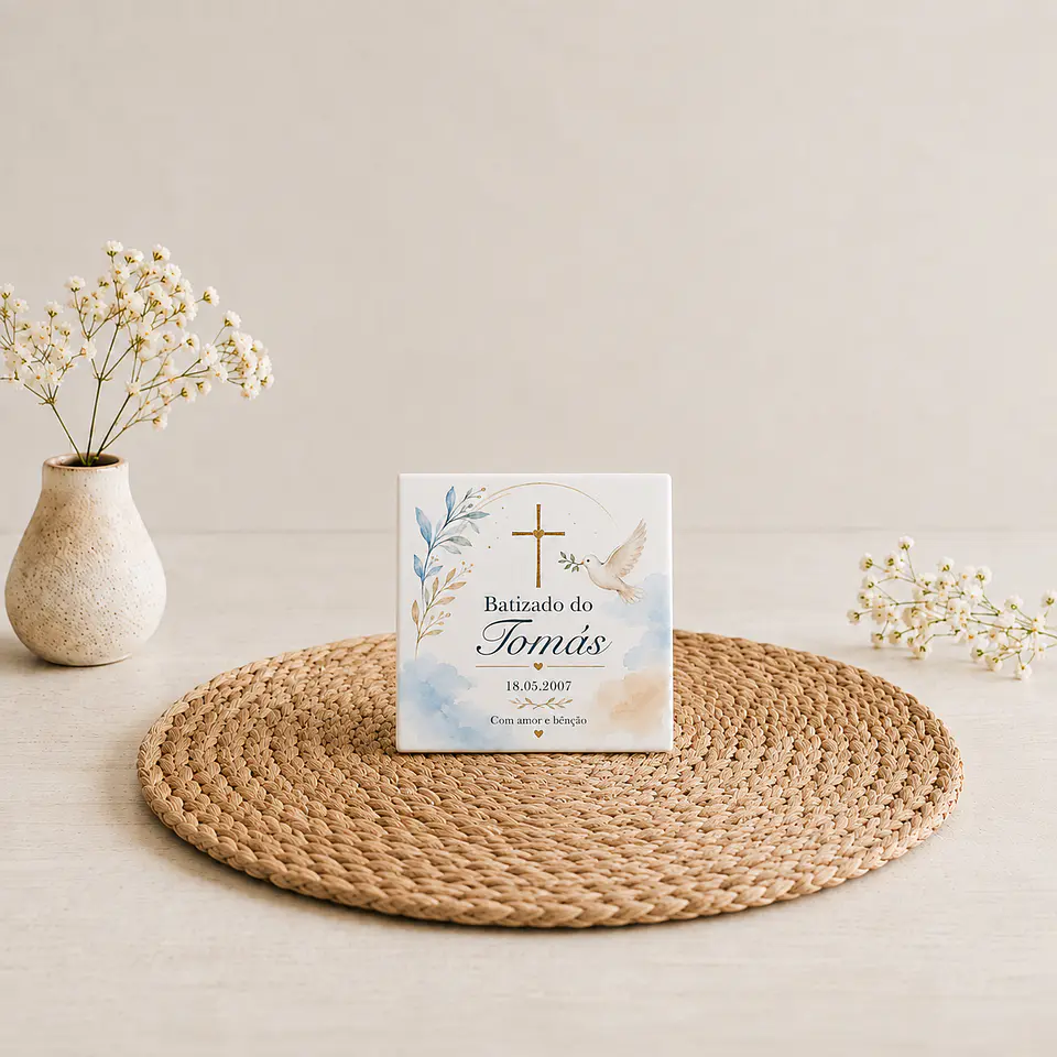 Lembrança de Batizado Personalizado em Azulejo com Pomba da Paz e Crucifixo com Íman e Saquinho de Organza (opcional) 3