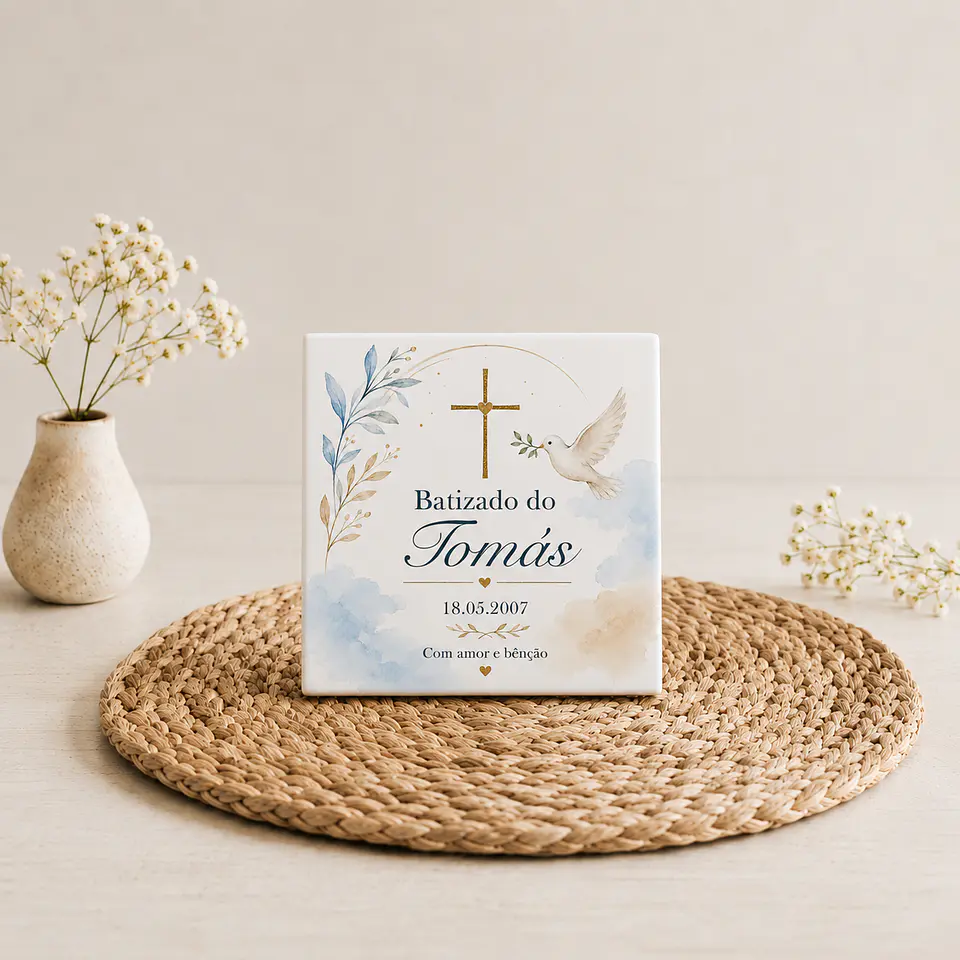 Lembrança de Batizado Personalizado em Azulejo com Pomba da Paz e Crucifixo com Íman e Saquinho de Organza (opcional) 4