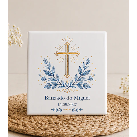 Lembrança de Batizado Personalizada em Azulejo com Íman e Saquinho de Organza (opcional) 