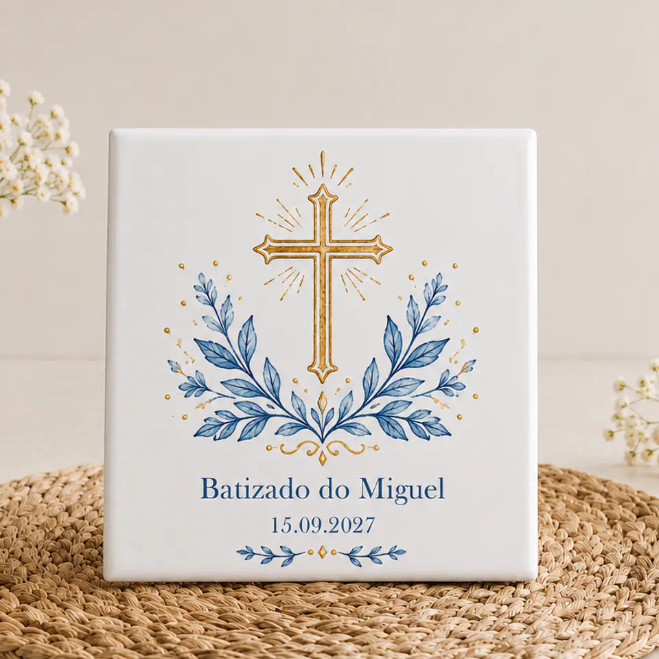 Lembrança de Batizado Personalizada em Azulejo com Íman e Saquinho de Organza (opcional)  1