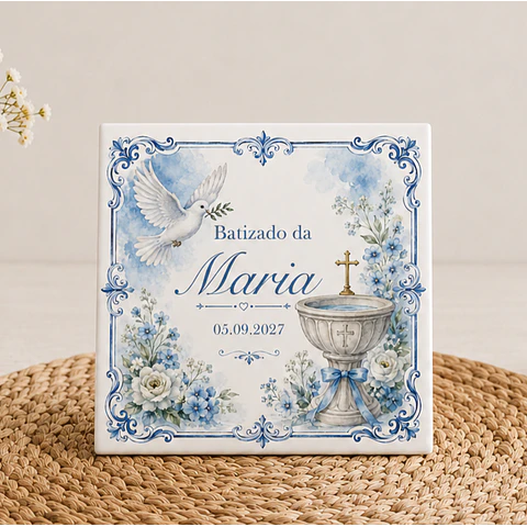 Lembrança de Batizado Personalizado em Azulejo com Pomba da Paz e Pia Batismal com Íman e Saquinho de Organza (opcional)