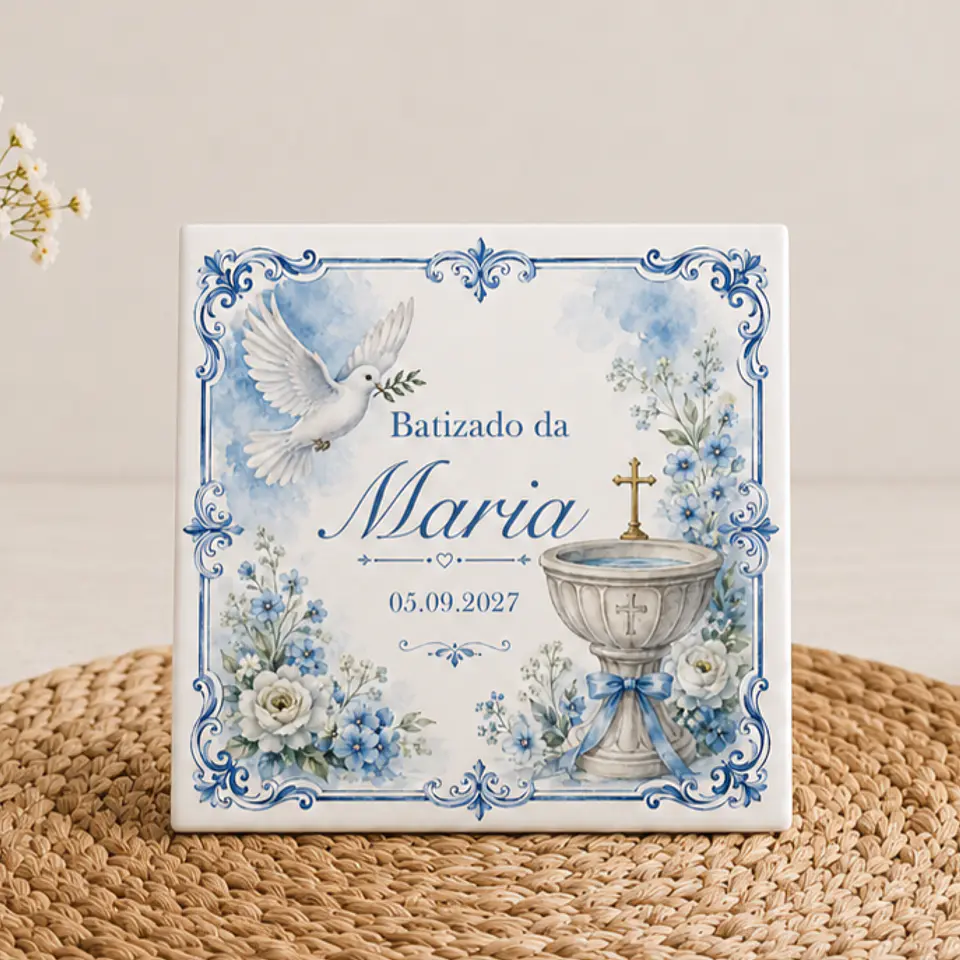 Lembrança de Batizado Personalizado em Azulejo com Pomba da Paz e Pia Batismal com Íman e Saquinho de Organza (opcional) 1