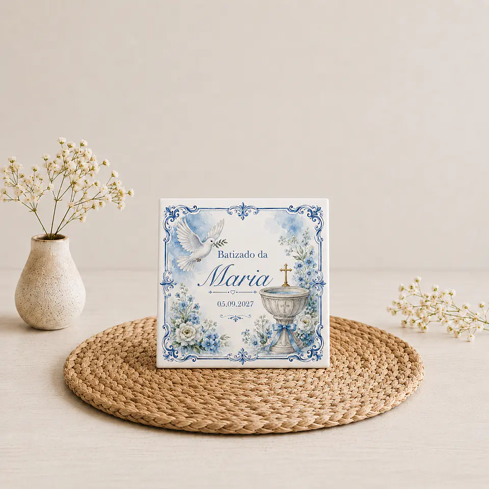 Lembrança de Batizado Personalizado em Azulejo com Pomba da Paz e Pia Batismal com Íman e Saquinho de Organza (opcional) 4