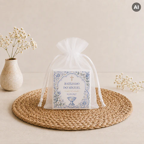 Lembrança de Batizado Personalizado em Azulejo com Pia Batismal com Íman e Saquinho de Organza (opcional)