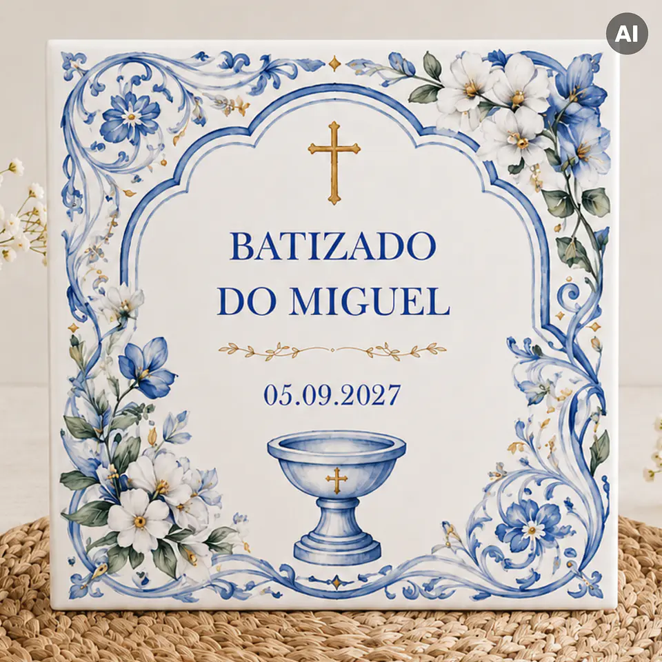 Lembrança de Batizado Personalizado em Azulejo com Pia Batismal com Íman e Saquinho de Organza (opcional) 1
