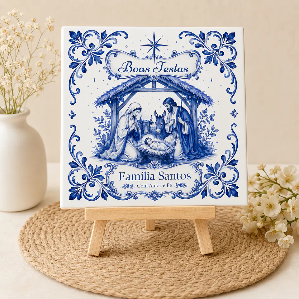 Azulejo de Presépio de Natal com Nome de Família | Presente Família 1