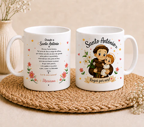 Caneca Personalizada de Santo António com Nome — Fé que se oferece com carinho