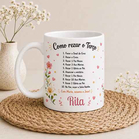 Caneca Personalizada “Como Rezar o Terço” | Nossa Senhora | Presente Religioso