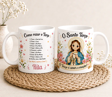 Caneca Personalizada “Como Rezar o Terço” | Nossa Senhora | Presente Religioso
