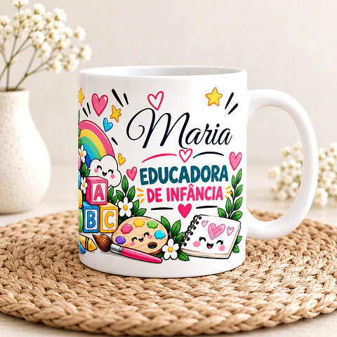 Caneca Personalizada Educadora de Infância – Ensina, Cuida, Inspira e Encanta