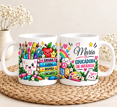 Caneca Personalizada Educadora de Infância – Ensina, Cuida, Inspira e Encanta