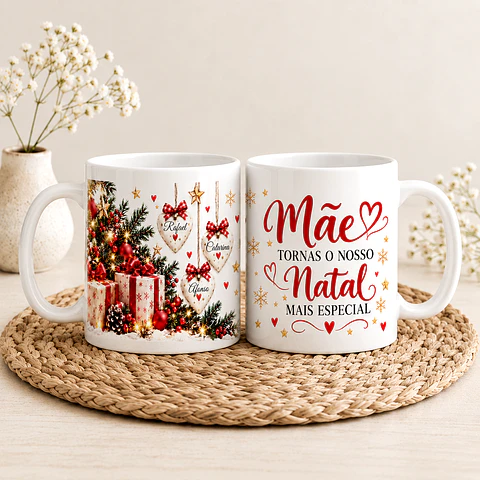 Caneca Personalizada de Natal para Mãe – Com Nomes dos Filhos ou Netos
