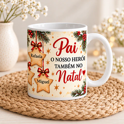 Caneca Personalizada para Pai – “O Nosso Herói Também no Natal” | Presente de Natal Personalizado