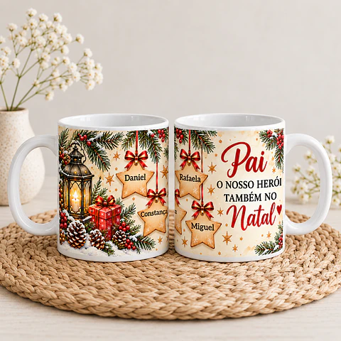 Caneca Personalizada para Pai – “O Nosso Herói Também no Natal” | Presente de Natal Personalizado