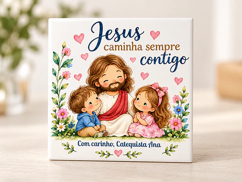 Azulejo Lembrança de Catequese com Íman – Jesus Caminha Sempre Contigo | Personalizado