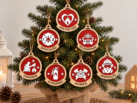 Conjunto de 7 Bolas de Natal dos Bombeiros – Valores e Tradição | Madeira e MDF