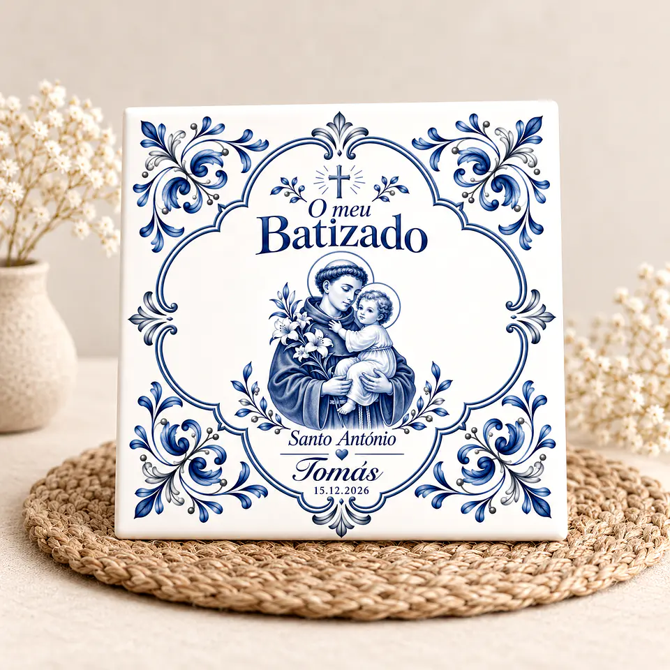 Lembrança de Batizado Personalizada com Santo António – Azulejo com Nome e Data 1