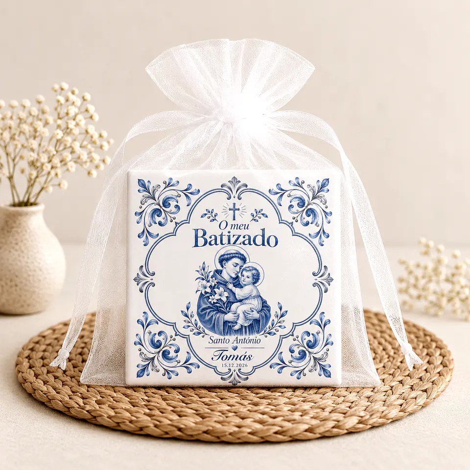 Lembrança de Batizado Personalizada com Santo António – Azulejo com Nome e Data 3