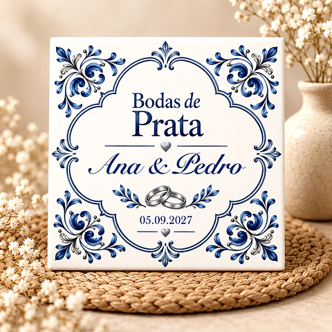 Lembrança de Bodas de Prata Personalizada – Azulejo com Nomes e Data