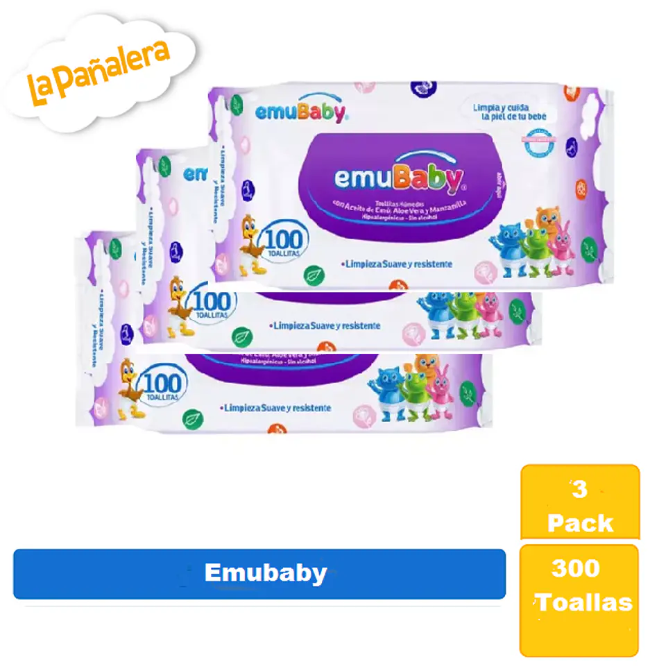 3 Pack de toallas  Húmedas Emubaby Sin Tapa  de 100 unidades c/u 1