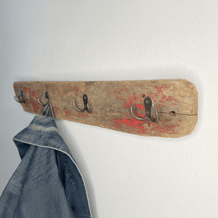 Driftwood coat rack, 4 double hooks, old red paint 5