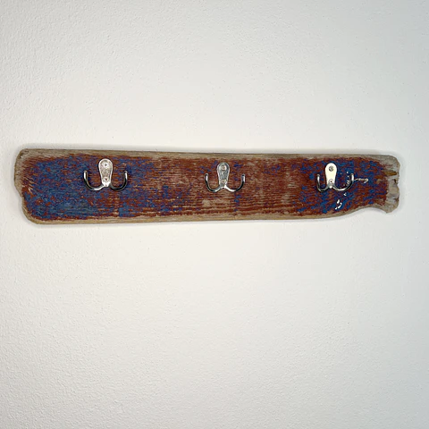 Driftwood coat rack, 3 double hooks, old blue and red paint