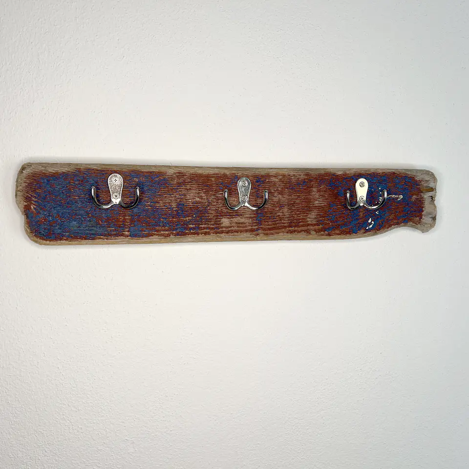 Driftwood coat rack, 3 double hooks, old blue and red paint 3