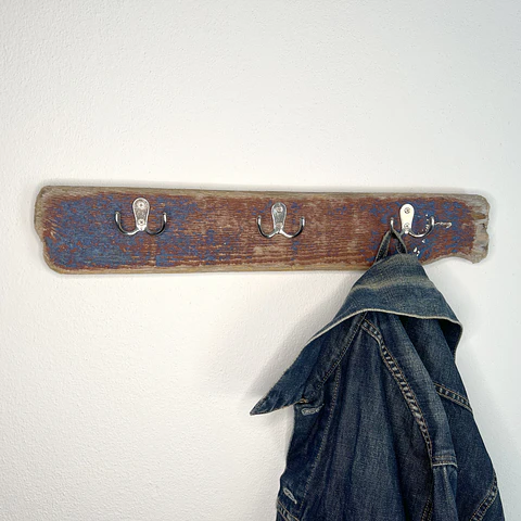 Driftwood coat rack, 3 double hooks, old blue and red paint
