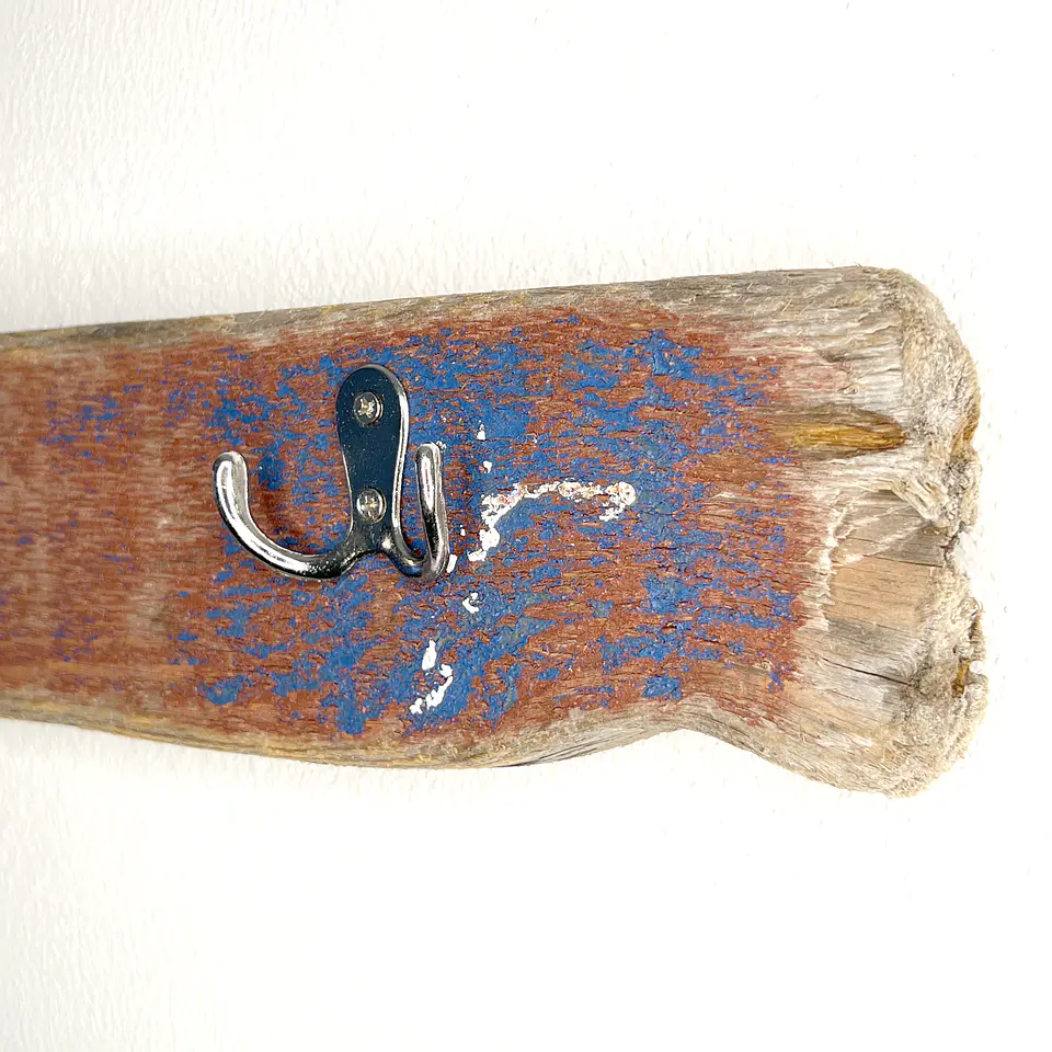 Driftwood coat rack, 3 double hooks, old blue and red paint 5
