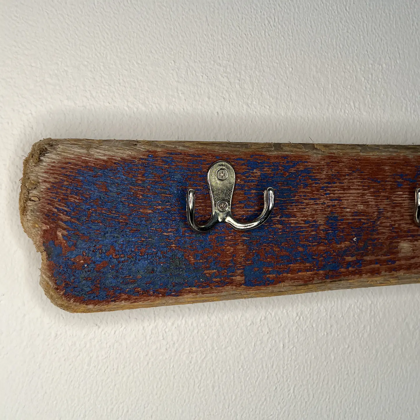 Driftwood coat rack, 3 double hooks, old blue and red paint 6