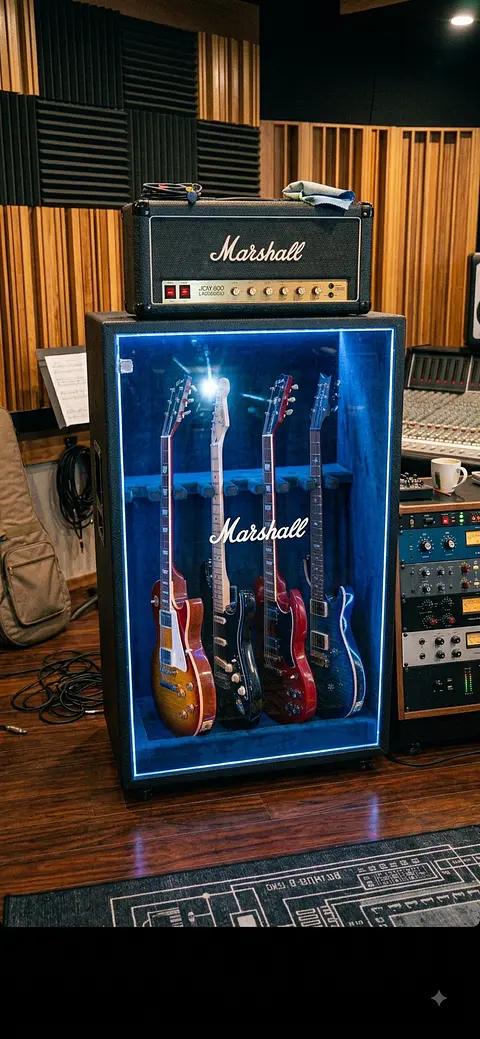 Armário Expositor de Instrumentos Estilo Full Stack Marshall — Porta Transparente em Acrílico, Cabeçote Fake Decorativo, Iluminação LED e Revestimento Interno Aveludado.