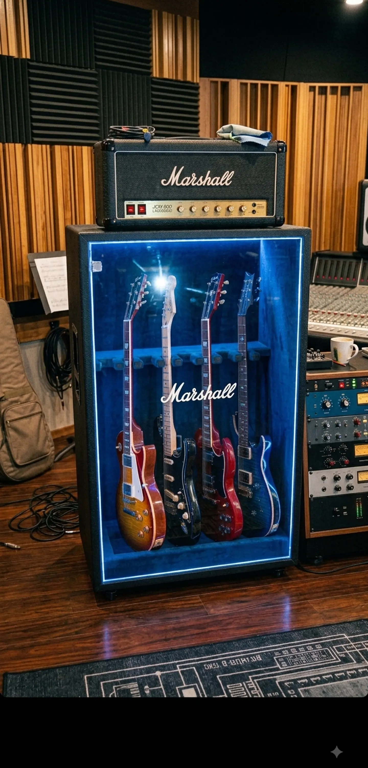 Armário Expositor de Instrumentos Estilo Full Stack Marshall — Porta Transparente em Acrílico, Cabeçote Fake Decorativo, Iluminação LED e Revestimento Interno Aveludado. 1