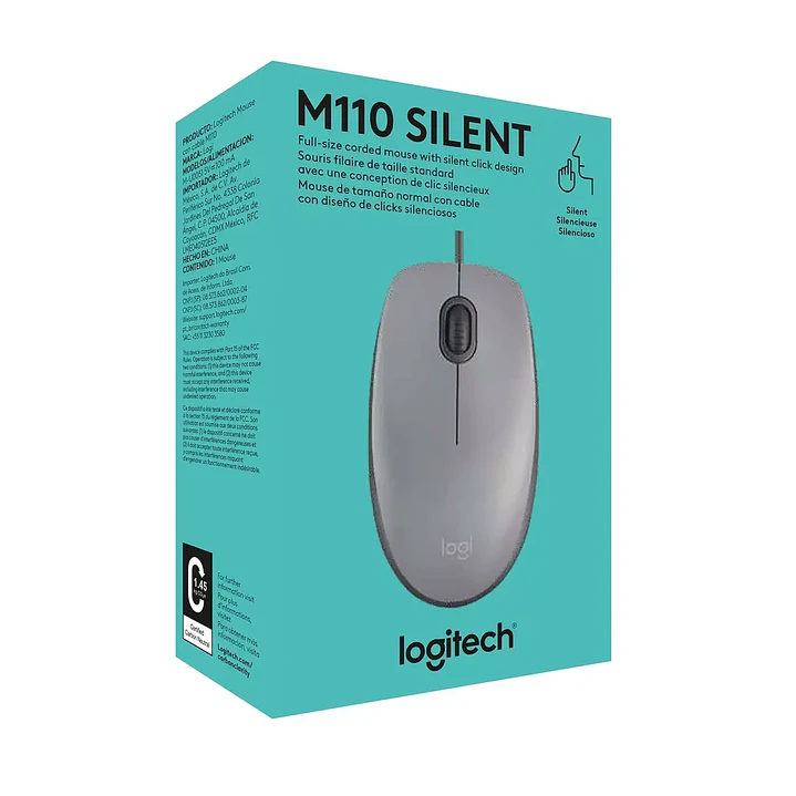 Mouse Logitech M110 Plateado con cable USB-A y clic silencioso 1